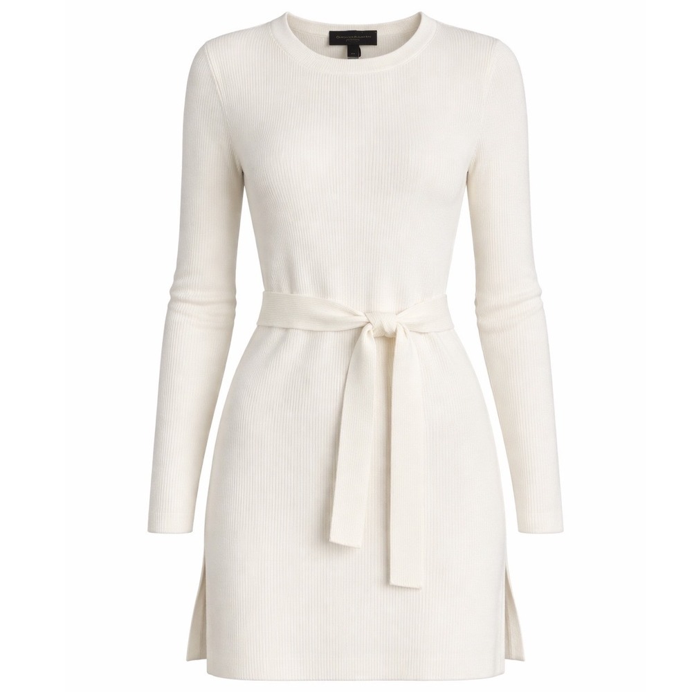 Donna‎ Karan New York Tunic Sweater Womens XS White Ribbed Tie Waist Minimalist